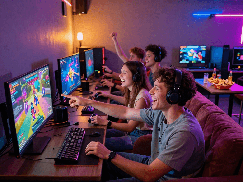 Group enjoying exciting porn games in a vibrant gaming lounge filled with colorful lights and snacks.