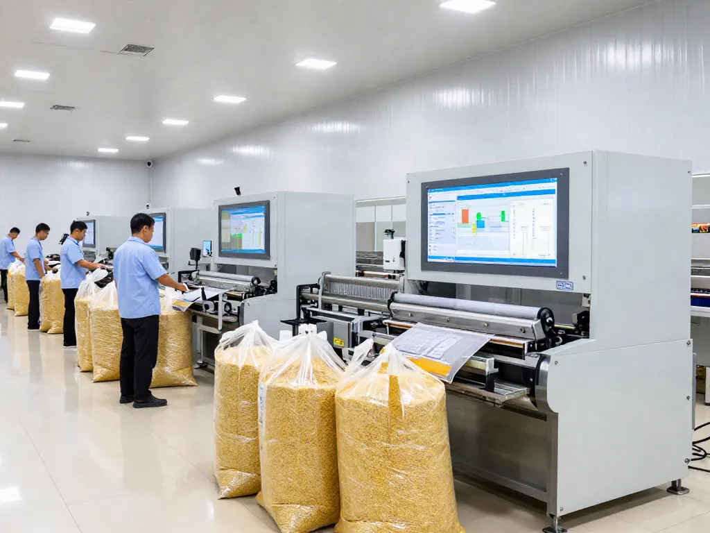 Efficient production line with automatic bagging machine manufacturers at work, highlighting advanced technology and workflow.