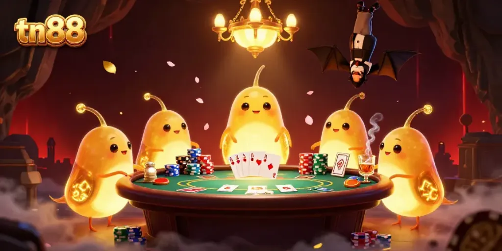 Experience thrilling gameplay at tn88 casino with vibrant glowworms illuminating the action in a dynamic poker scene.