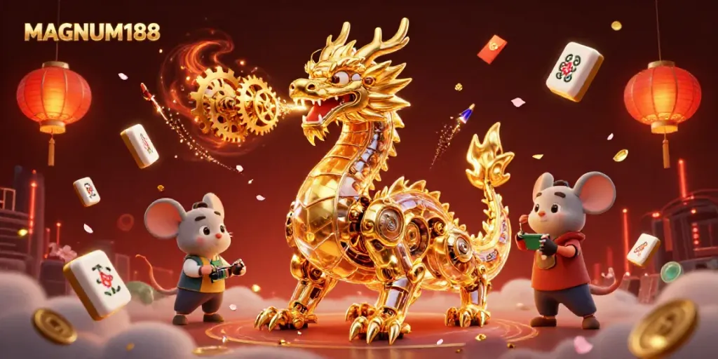 Engage in thrilling gameplay at MAGNUM188 with vibrant casino elements and a captivating dragon illustration.