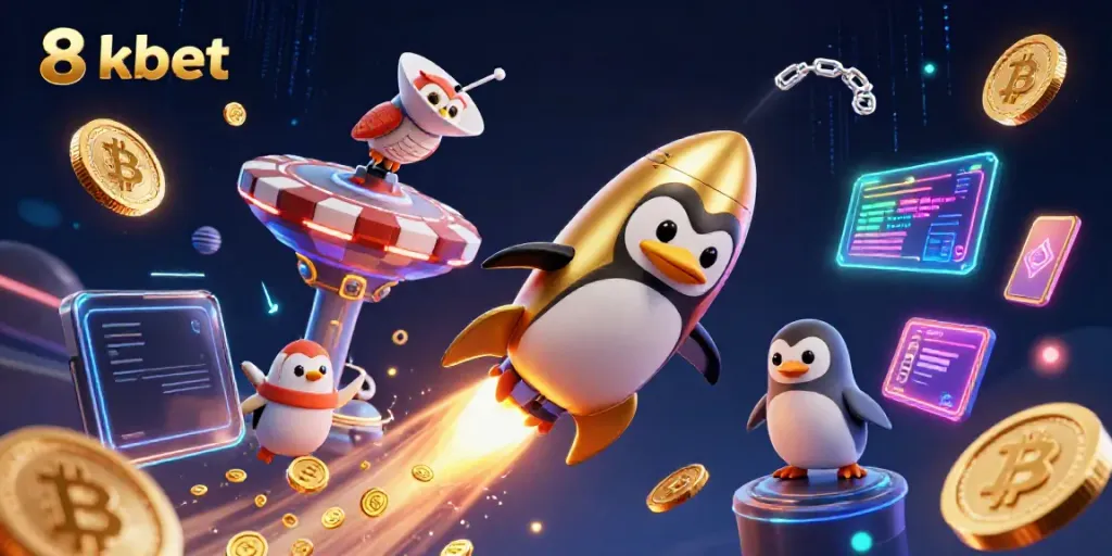 Experience the thrilling action of 8xbet with a golden penguin soaring through space, surrounded by cryptocurrency coins.
