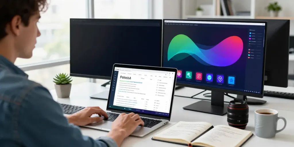 Professional workspace with SEO analyst reviewing data for free DA PA checker.