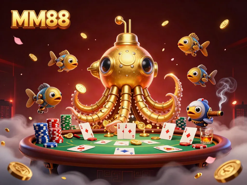 Experience the thrill of MM88 with a golden kraken submarine amidst vibrant casino elements.