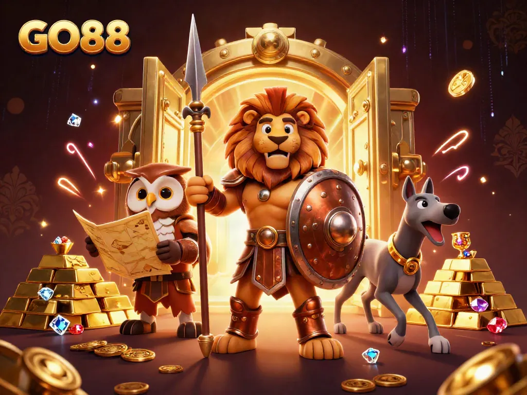 Engage in thrilling opportunities at GO88 with vibrant casino characters set against a treasure backdrop.