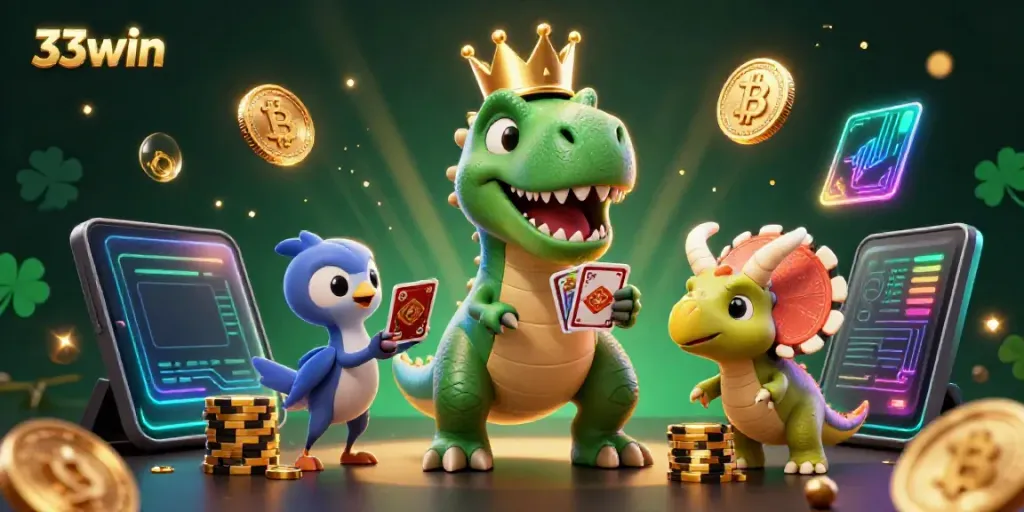 Engage with 33win's exciting gaming ecosystem featuring vibrant 3D elements and characters.
