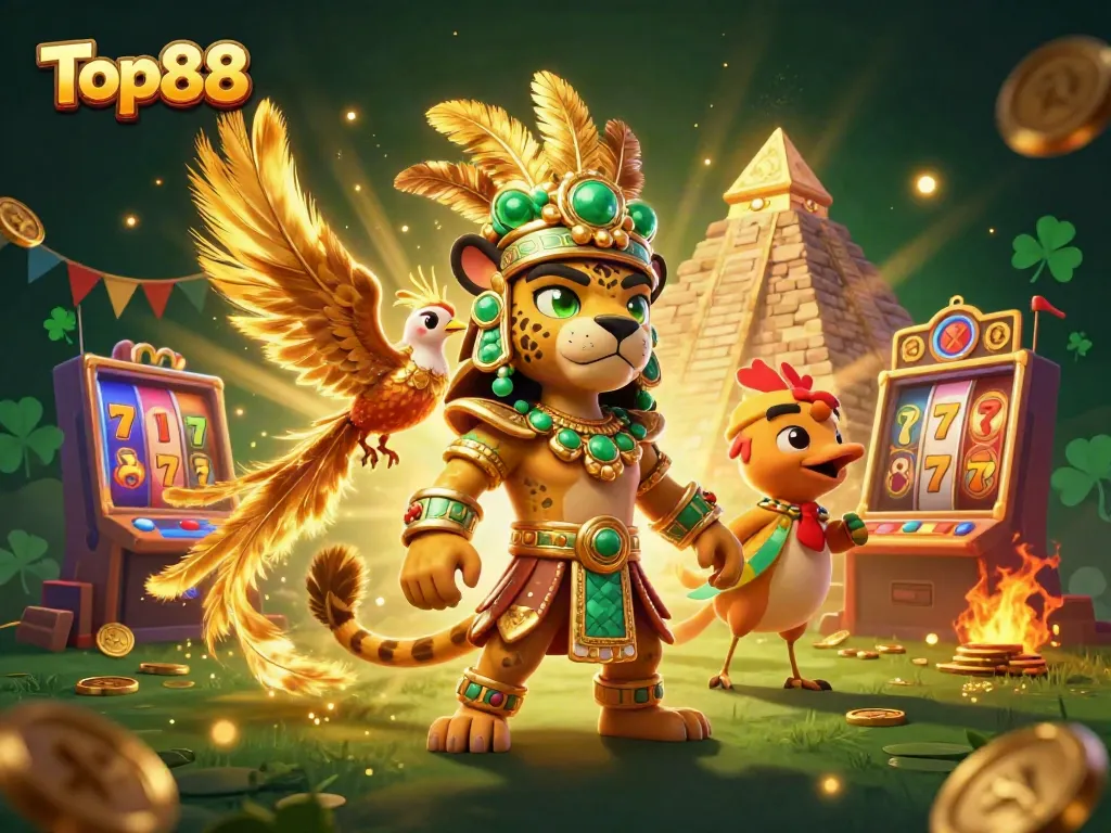 Engage with Top88, showcasing exciting slot games and vibrant casino elements in a dynamic illustration.