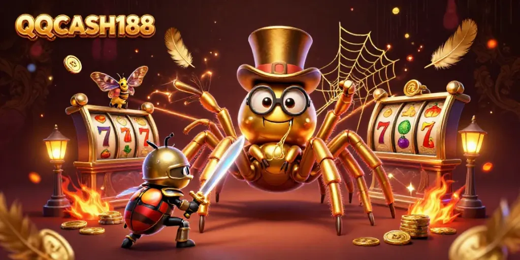 Engage with QQCASH188's dynamic gaming experience featuring a golden tarantula and a beetle knight amidst casino elements.