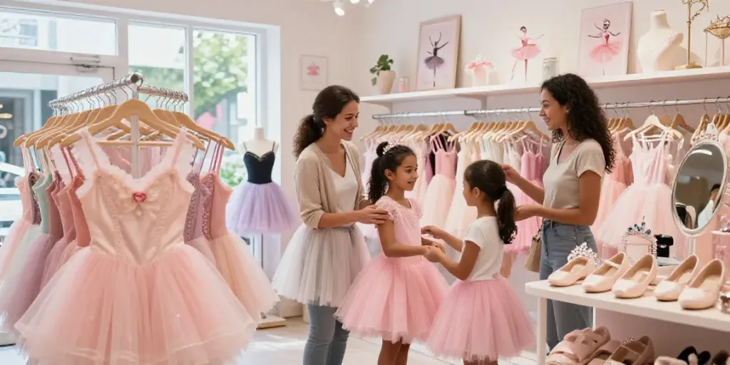 Colorful tutu store interior with smiling associate helping a girl find a tutu.