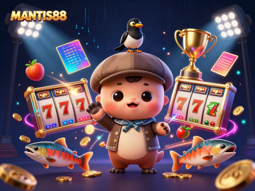 MANTIS88 showcases a playful scene with Nessie and casino elements, highlighting engaging slot game excitement.