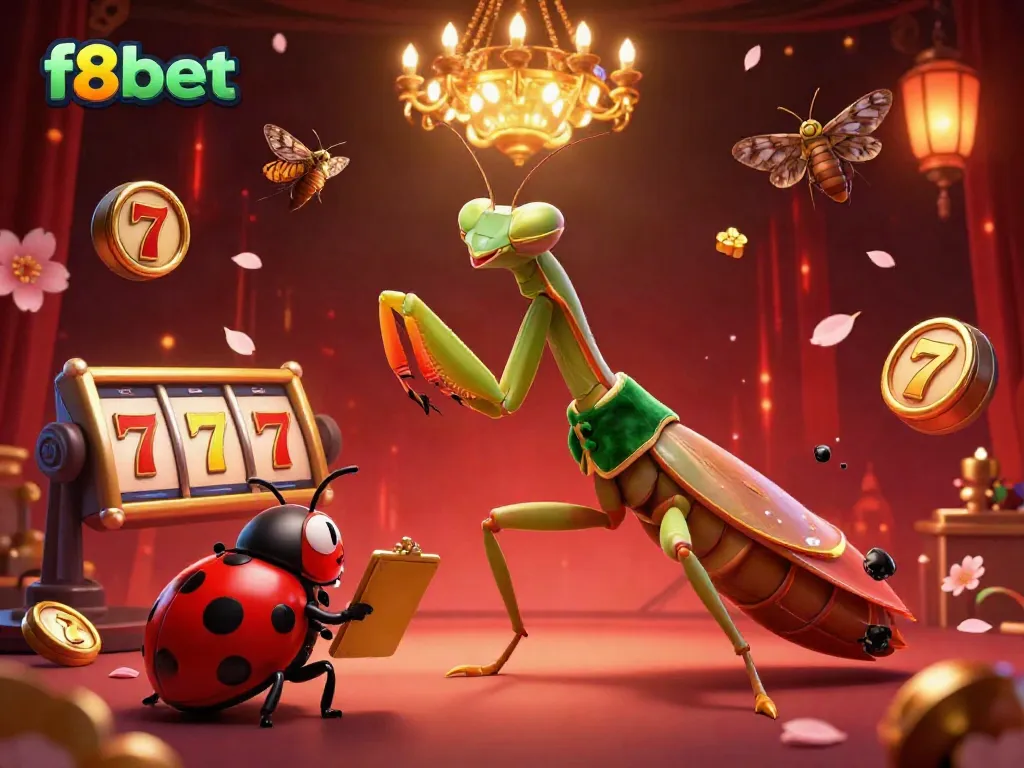 Engage with f8bet in a lively gambling scene, featuring a mantis card sharp and ladybug pit boss.