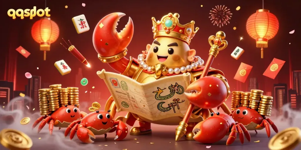Engage in QQSLOT with a vibrant golden crab emperor and treasure elements in a dynamic gaming landscape.