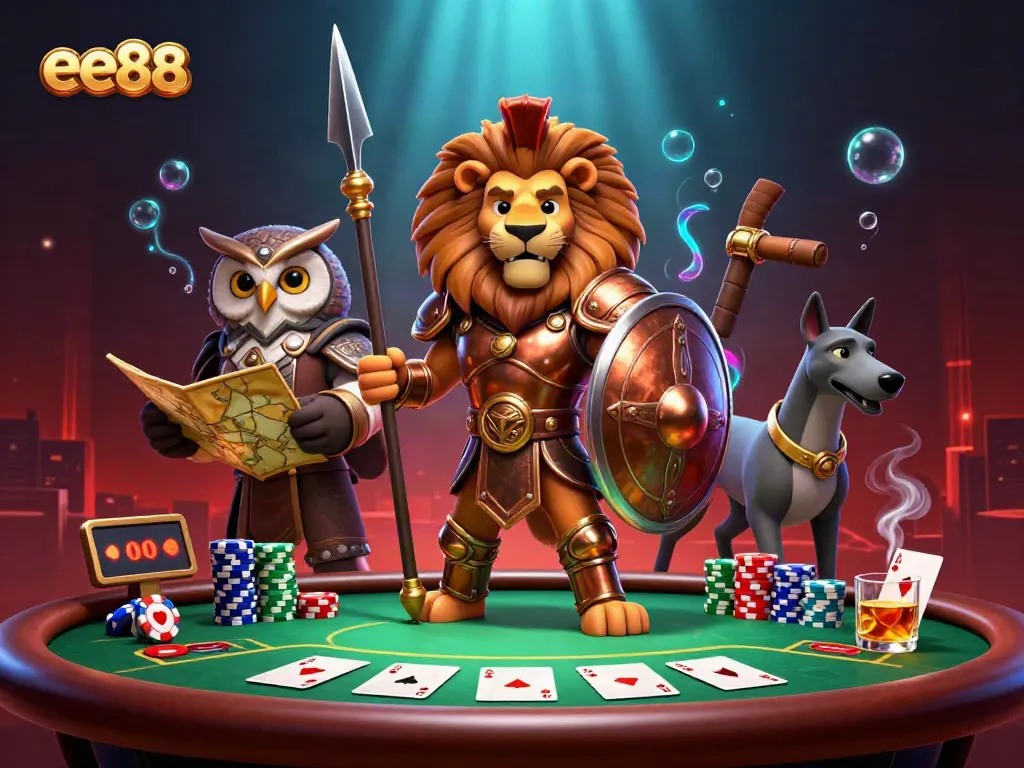 Experience the excitement of ee88 with a dynamic casino scene featuring a Spartan lion and poker elements.