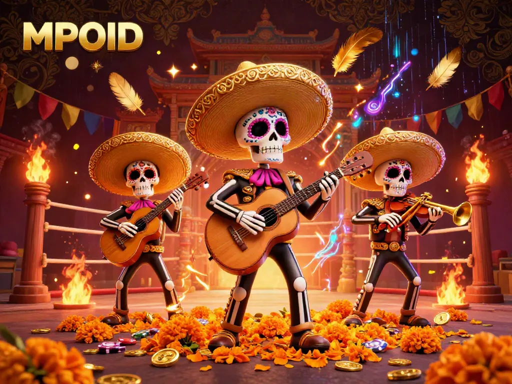 Play thrilling games with MPOID featuring a dynamic mariachi band scene in a vibrant casino setting.