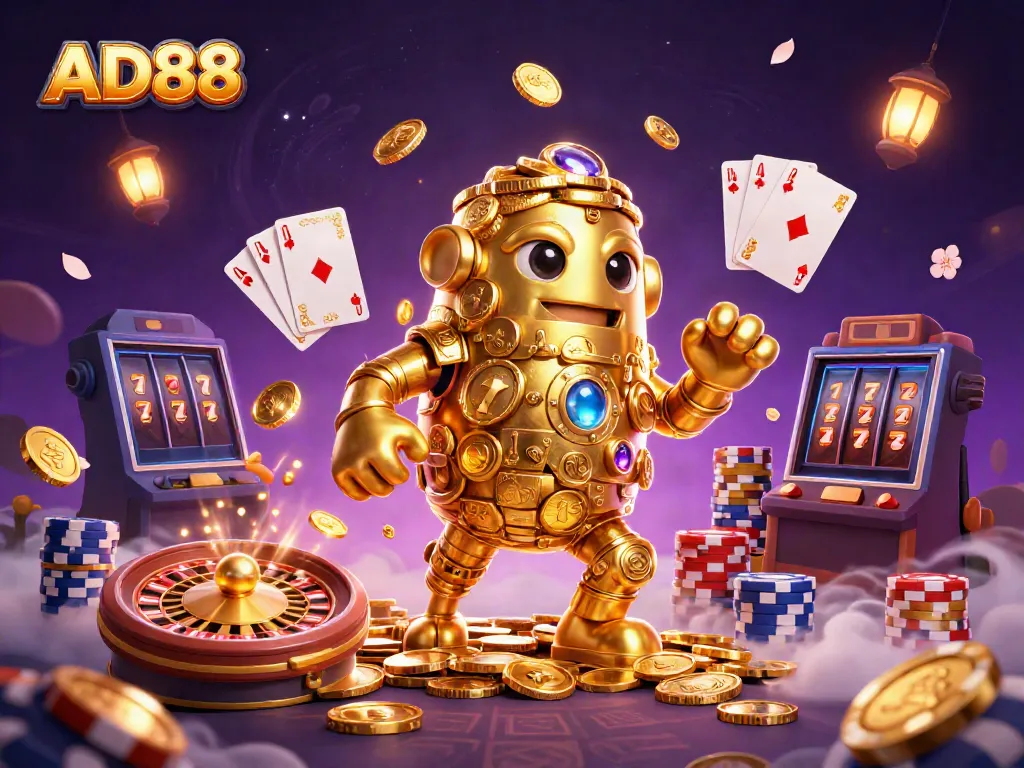 Engage with AD88's vibrant gaming world filled with golden treasures and sparkling excitement in an electrifying casino atmosphere.
