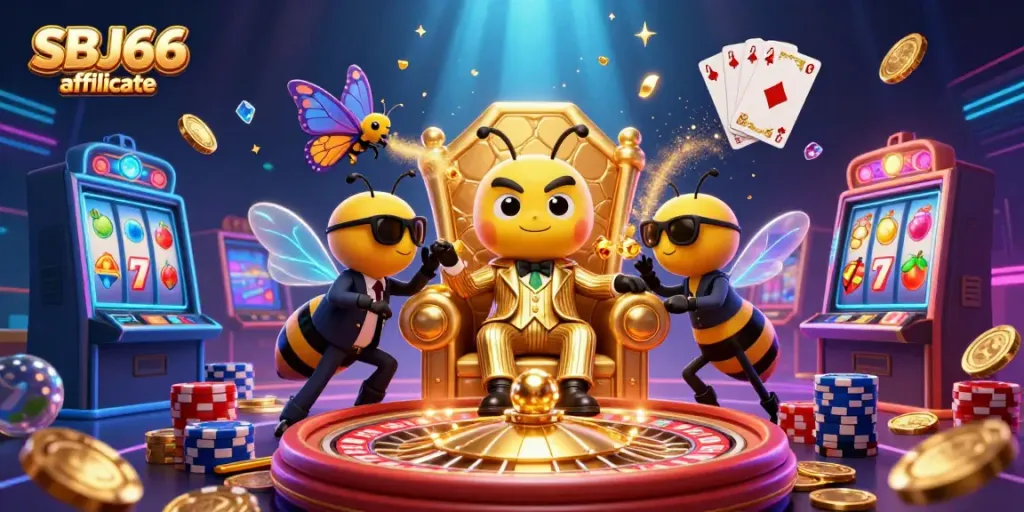 Experience the excitement of the SBJ66 affiliate program with vibrant gaming elements and dynamic characters.