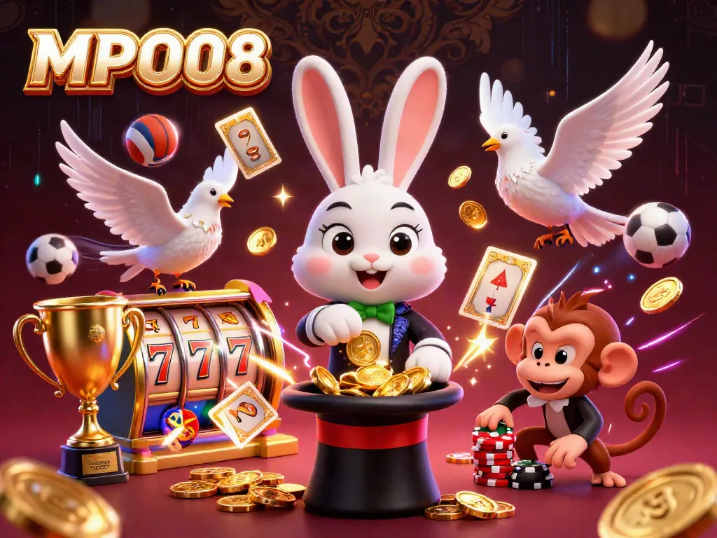 Pull golden coins in MPO08's vibrant casino scene with a rabbit magician, dove assistant, and playful monkey.