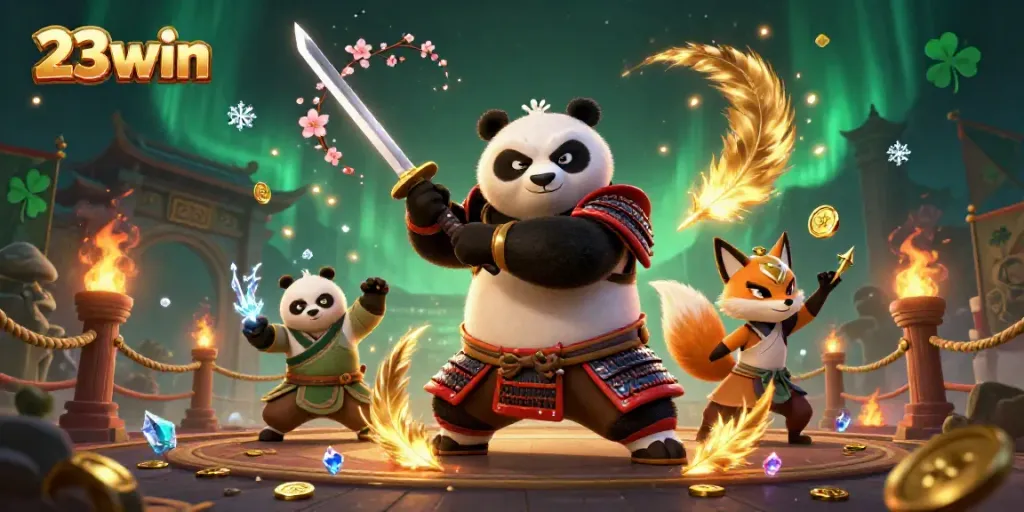 Engage with 23win's thrilling casino scene featuring a samurai panda, ninja fox, and magical tanuki.