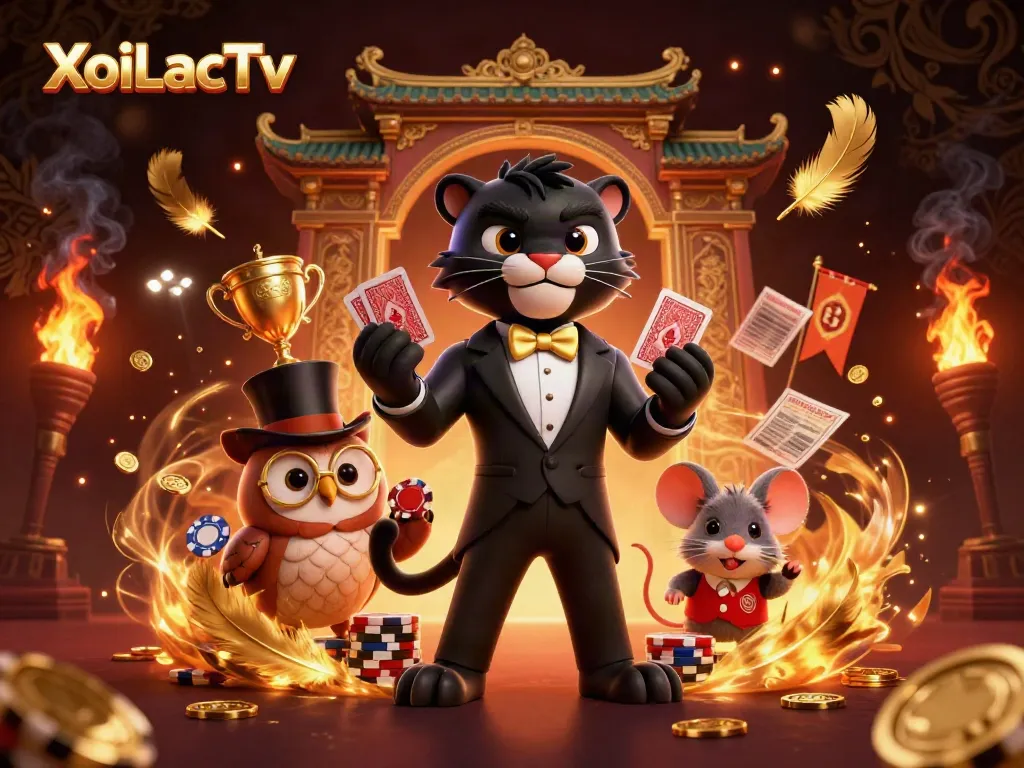 XoiLacTv showcases a thrilling illustration of a tuxedo-clad panther dealing cards amid dynamic sports betting elements and enchanting characters.