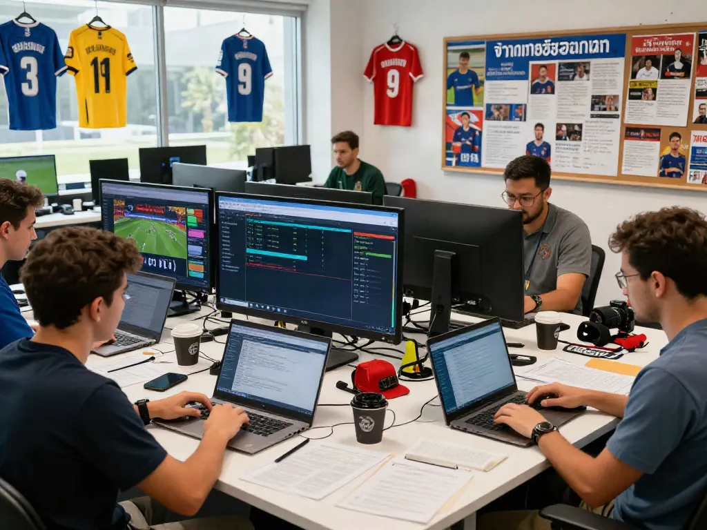 Exciting newsroom atmosphere with journalists covering ข่าวตลาดซื้อขายนักเตะ and live updates on transfer news.