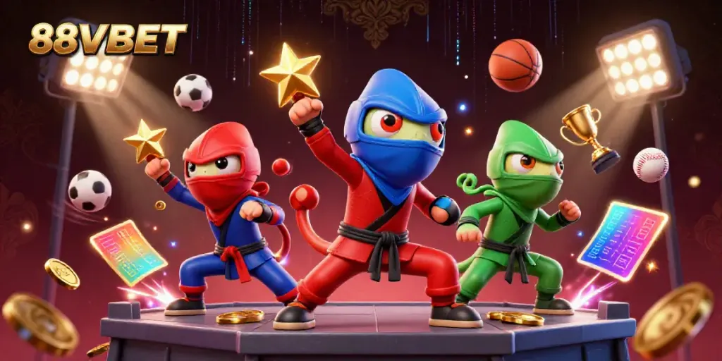 Experience dynamic sports action with 88VBET as colorful chameleons perform martial arts amidst flying sports balls.