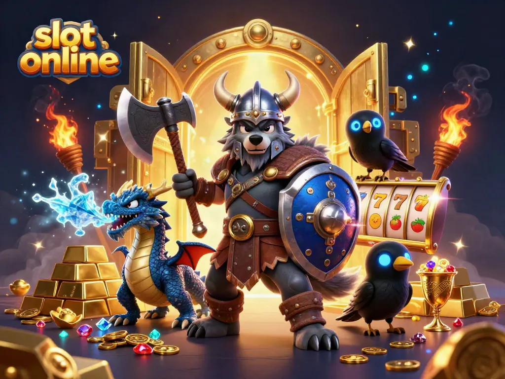 Experience the thrill of slot online with Viking warrior, dragon, and treasure in a vibrant casino scene.