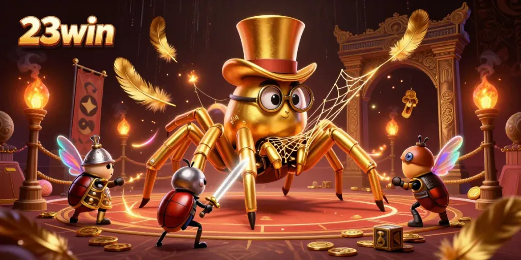 Engage in thrilling gameplay at 23win represented by a golden tarantula weaving fortune in a dazzling casino.