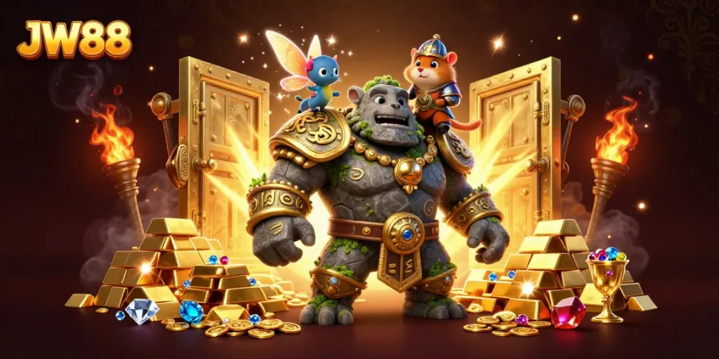 Experience thrilling adventures with JW88's magical casino elements and characters in a vibrant, dynamic scene.