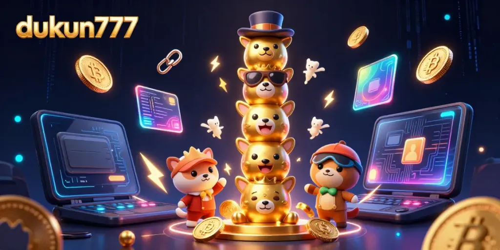 Engage in exciting gameplay with dukun777, featuring a dynamic scene of a mystical totem and vibrant crypto elements.