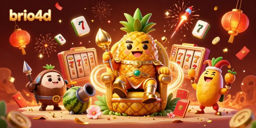 Experience the excitement of brio4d with a vibrant 3D illustration showcasing casino-themed characters and festive elements.