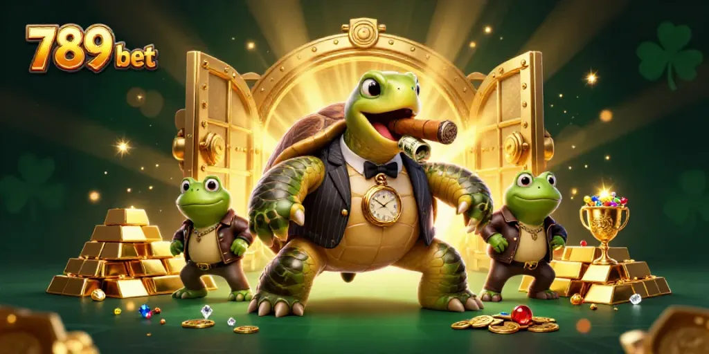 Experience the excitement of 789 bet with a vibrant casino-themed illustration featuring a turtle mobster and gold treasures.