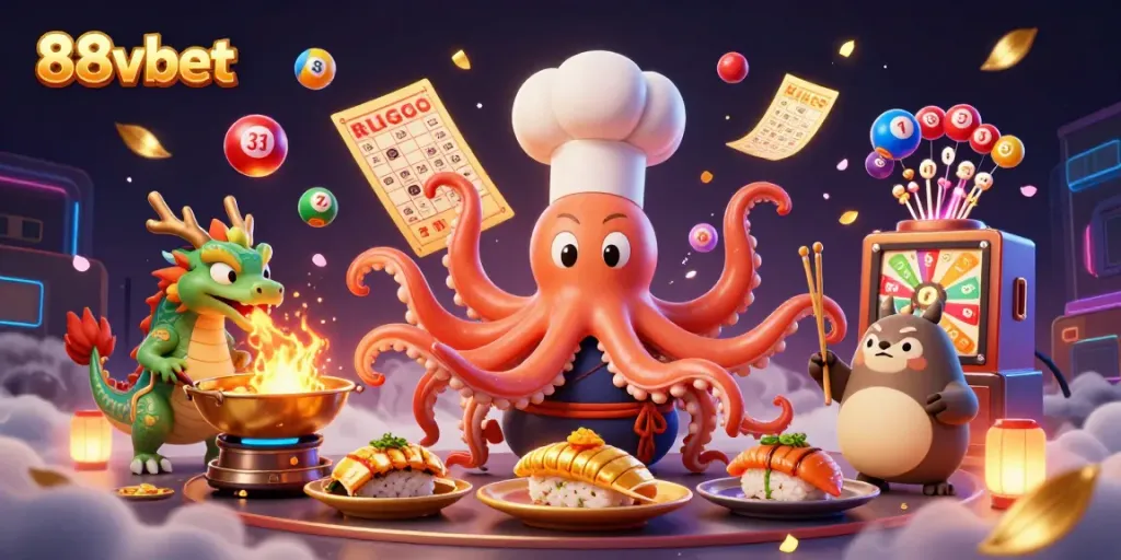 Experience the thrill of 88vbet with a playful 3D octopus chef and vibrant casino elements.