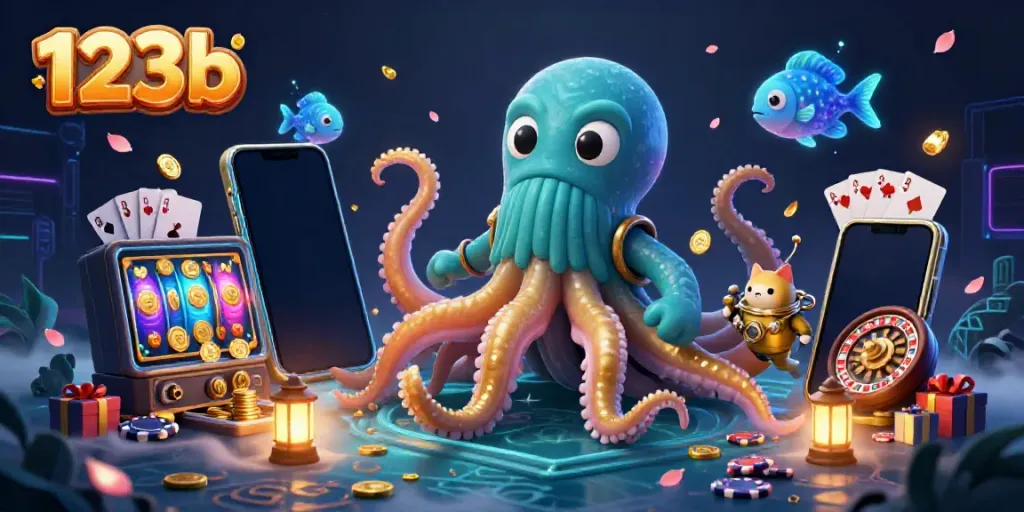 Join the adventure with 123b as a kraken, diving cat, and sea creatures thrive in a vibrant casino scene.