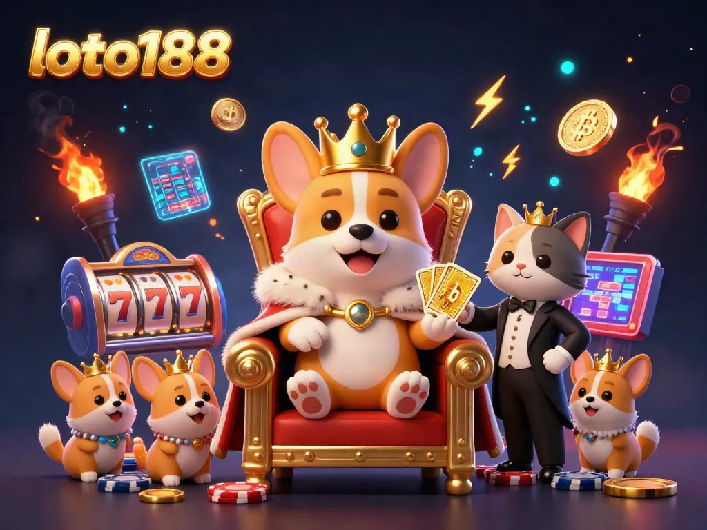 Experience the exciting casino world of loto188 with playful corgis and royal imagery.
