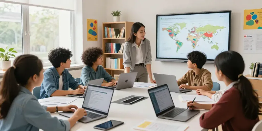 Students using AI educational articles generator in a bright classroom.