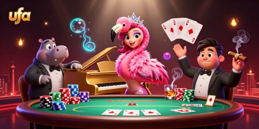 Experience ufa's vibrant casino scene with a flamingo singer and hippo bassist surrounded by poker elements.