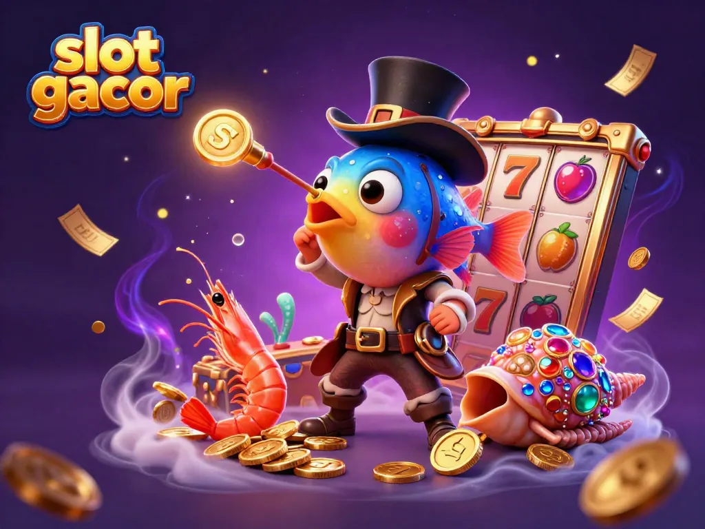 Engage with slot gacor dynamics in a vibrant 3D casino scene featuring glowing coins and playful sea characters.