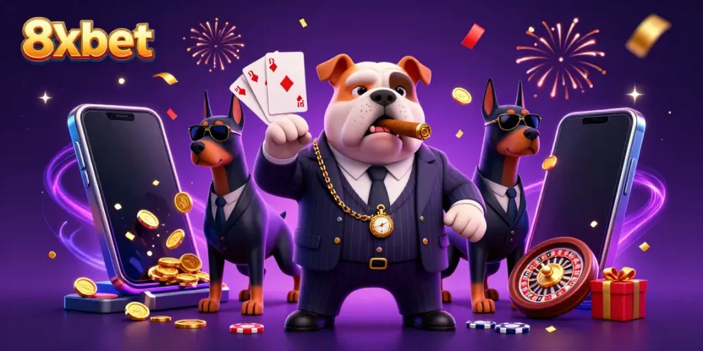 Engage with the thrilling world of 8xbet where a cartoon mafia bulldog leads the way in a vibrant casino adventure.
