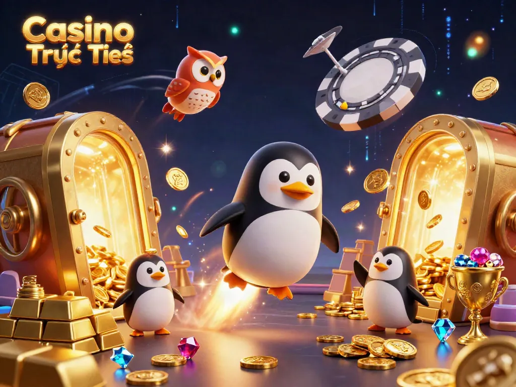Experience Casino Trực Tuyến through a vibrant 3D illustration of a golden penguin heading to a poker chip-shaped station.