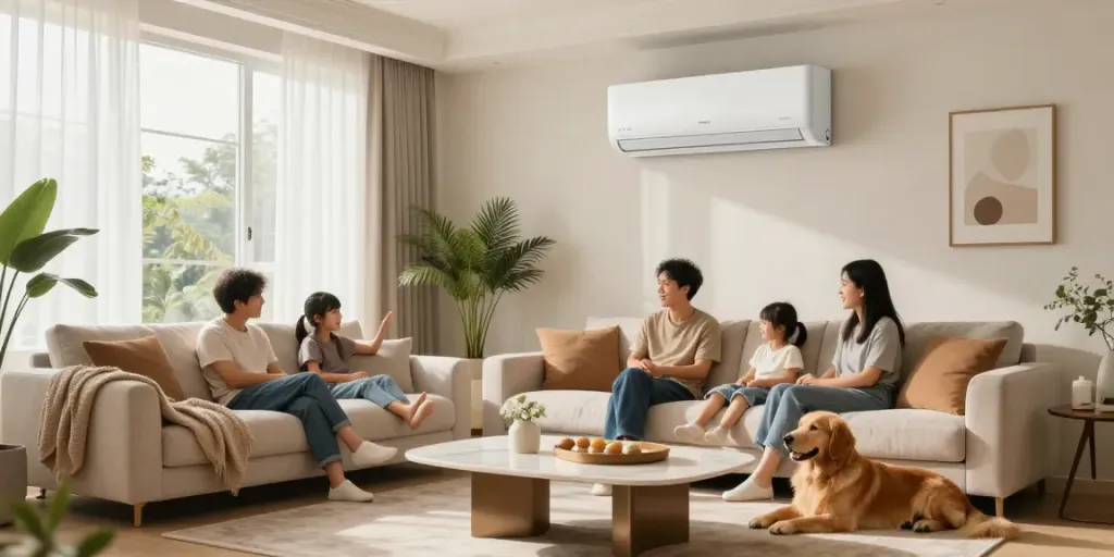 Modern living room featuring a stylish mini split of air conditioner while a family enjoys quality time together.