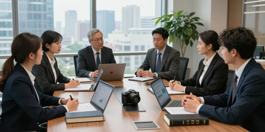 Lead Roedl team collaborating on international legal strategies in a modern office.