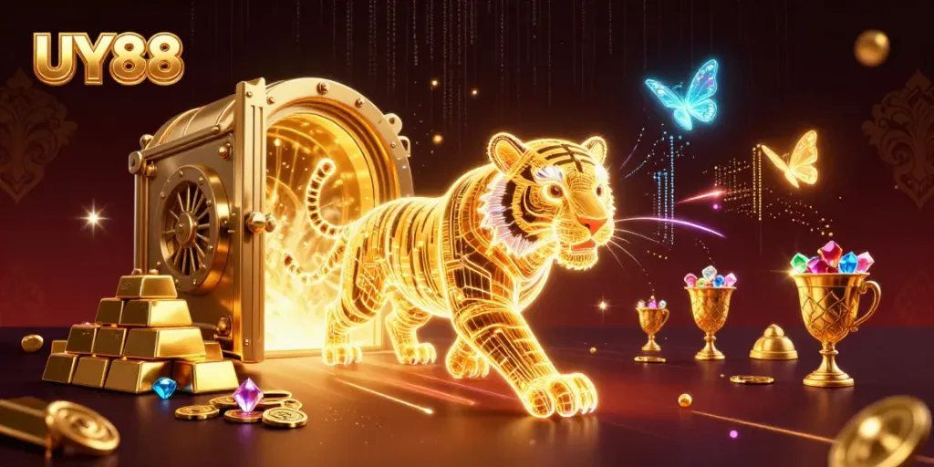 Experience the excitement of UY88 in a vibrant digital casino scene with a golden tiger and treasures.