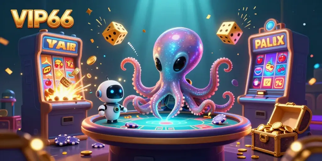 Experience the thrill of VIP66 with an alien octopus at a holographic poker table, surrounded by dynamic casino elements.