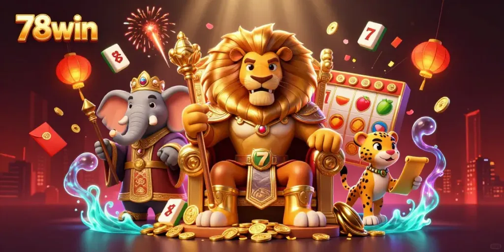 Engage with the immersive 78win gaming experience featuring a lion king in a vibrant casino scene.