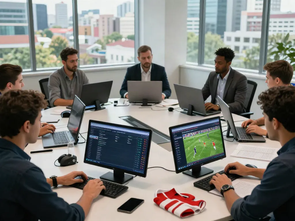 Journalists analyzing ข่าวตลาดซื้อขายนักเตะ in a modern office
