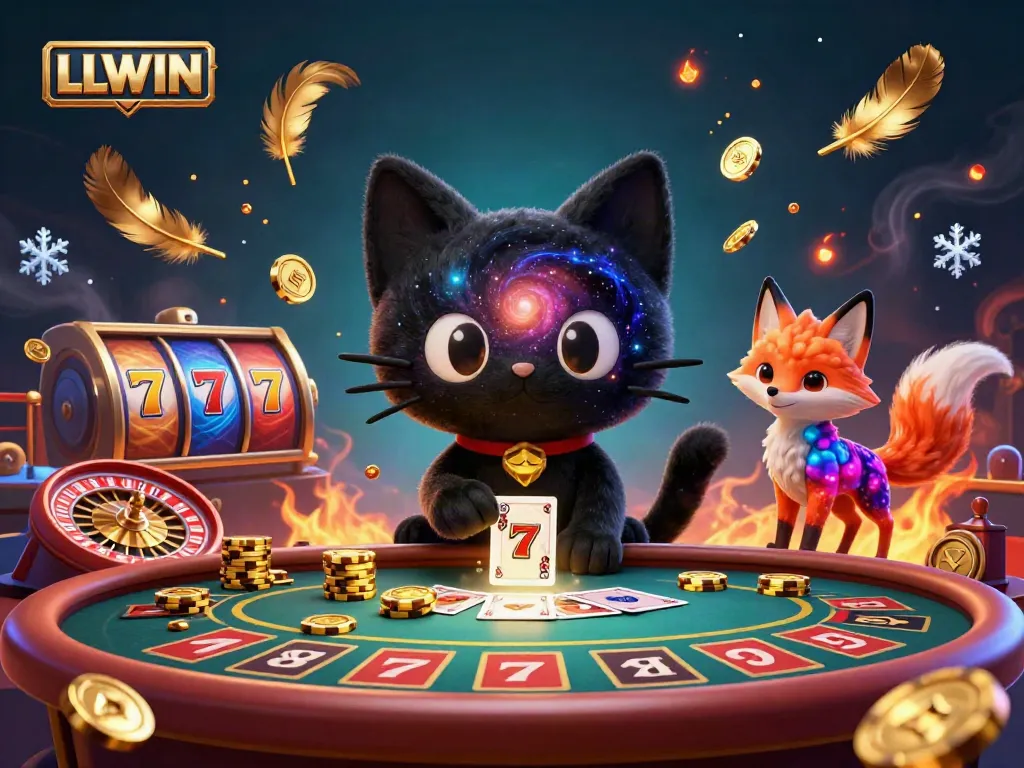 LLWIN showcases a 3D cartoon black hole cat and a colorful nebula fox at a casino table capturing golden chips amidst dynamic gaming elements.
