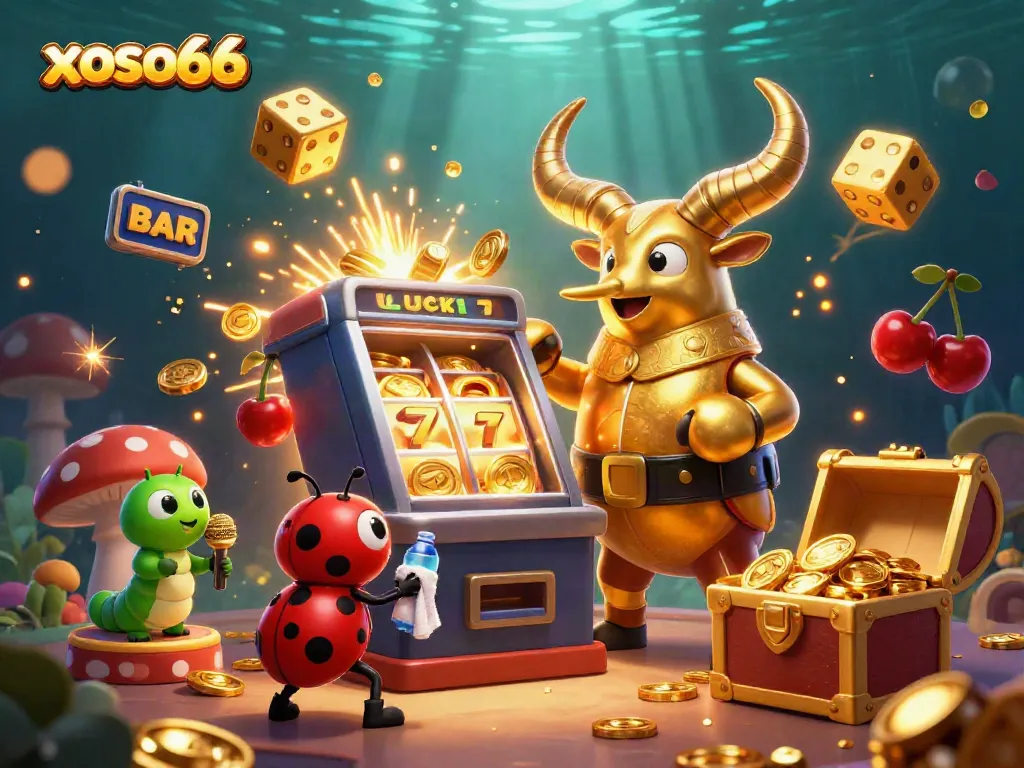 Experience the excitement of xoso66 with a jackpot celebration of colorful casino elements, vibrant characters, and dynamic action.