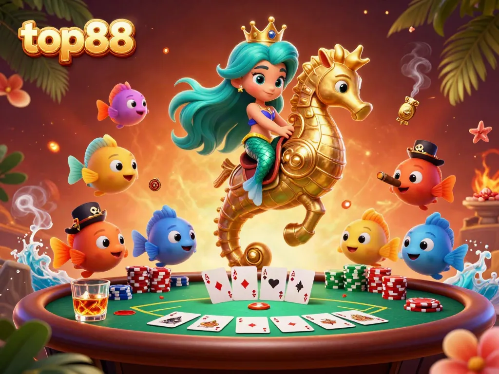 Engage in thrilling top88 casino games with a cartoon mermaid and giant seahorse in a vibrant 3D scene.