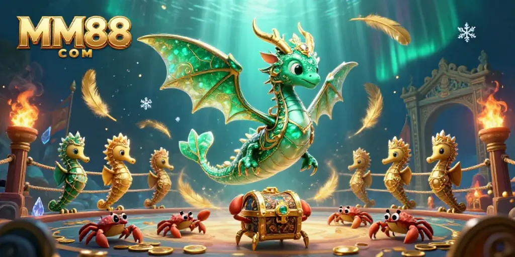 Engage with MM88 COM in this vibrant 3D scene featuring a majestic sea dragon and golden treasures.