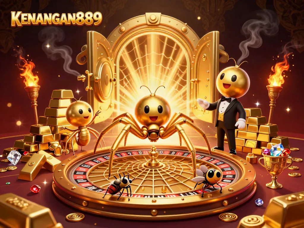 KENANGAN889 brings excitement to online gaming with a vibrant 3D casino scene featuring charismatic characters.