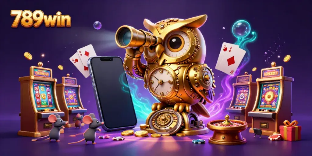 Experience the thrill of gaming at 789win with a detailed casino-themed illustration showcasing slot machines and vibrant characters.